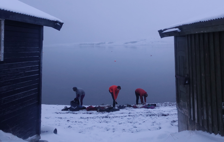 Winter scenery with sauna huts